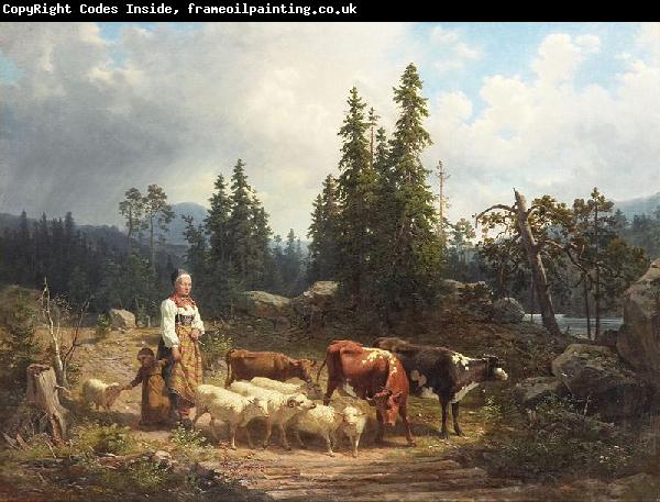Nils Andersson Vallflicka med hjord i landskap